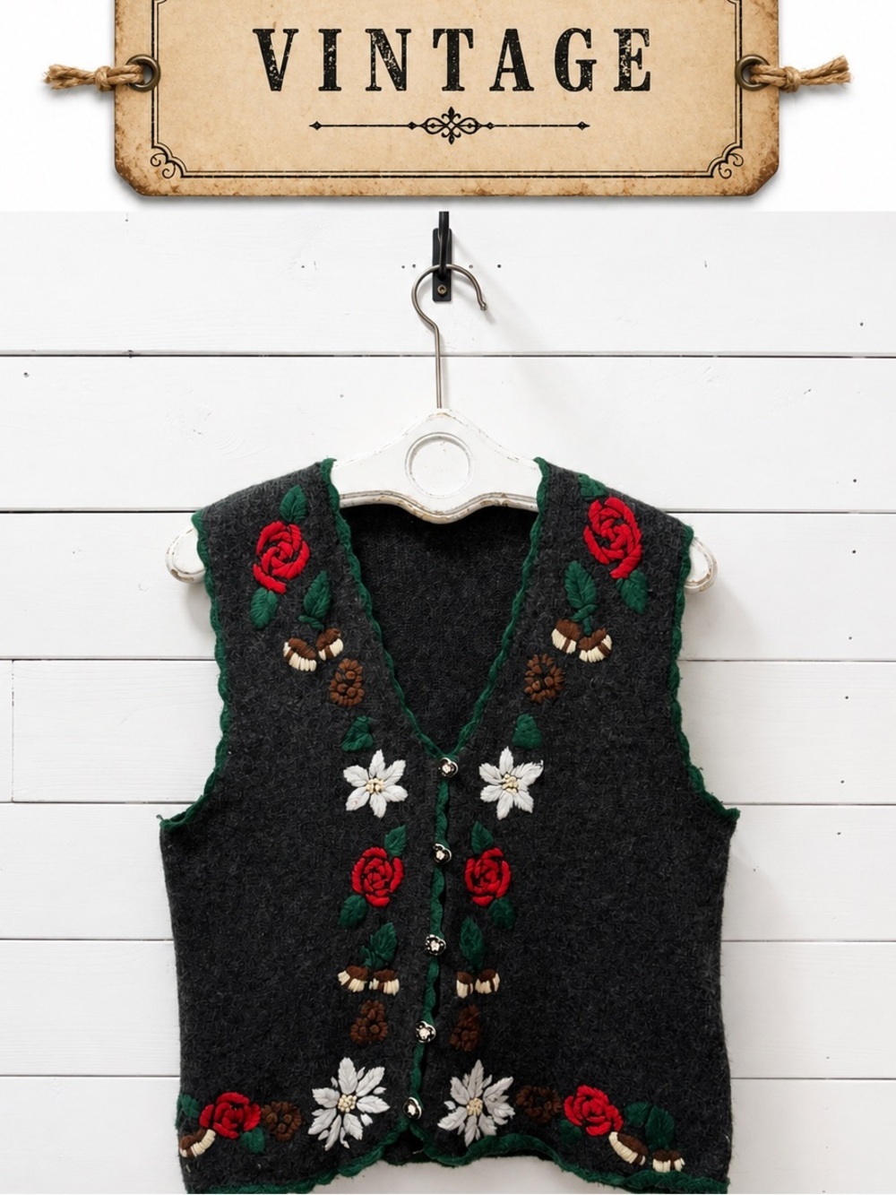 Vintage Embroidered Knit Vest – Charcoal Grey – Estimated Size L